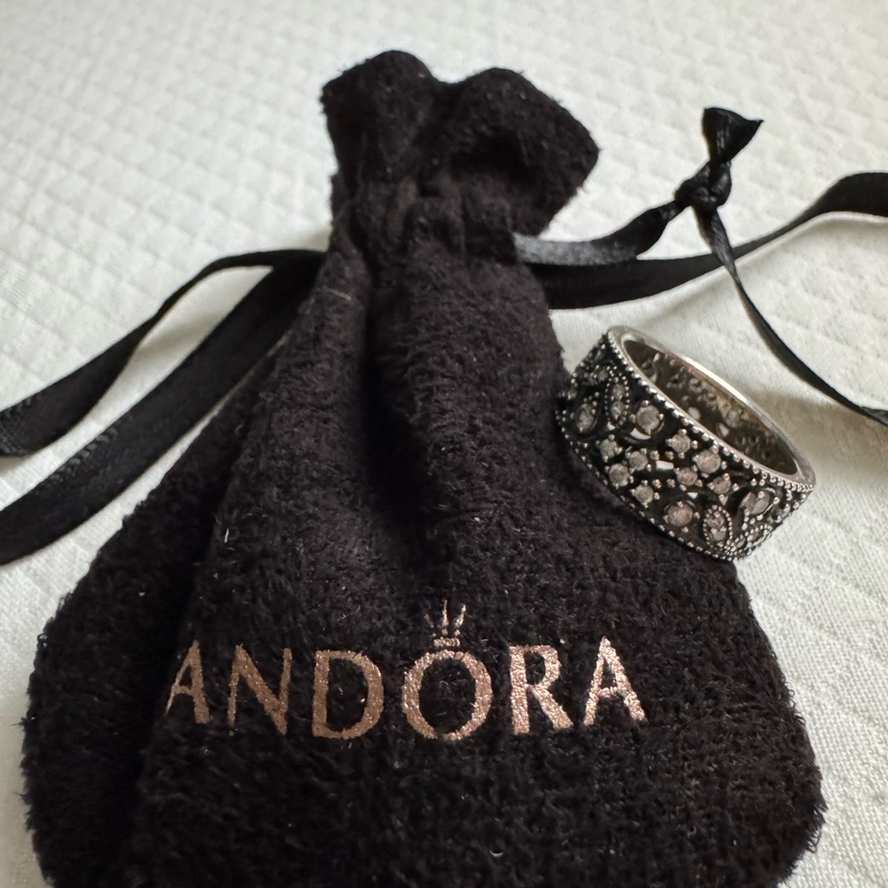Pandora Elegant Black & Silver Ring with Crystals & Velvet Pouch